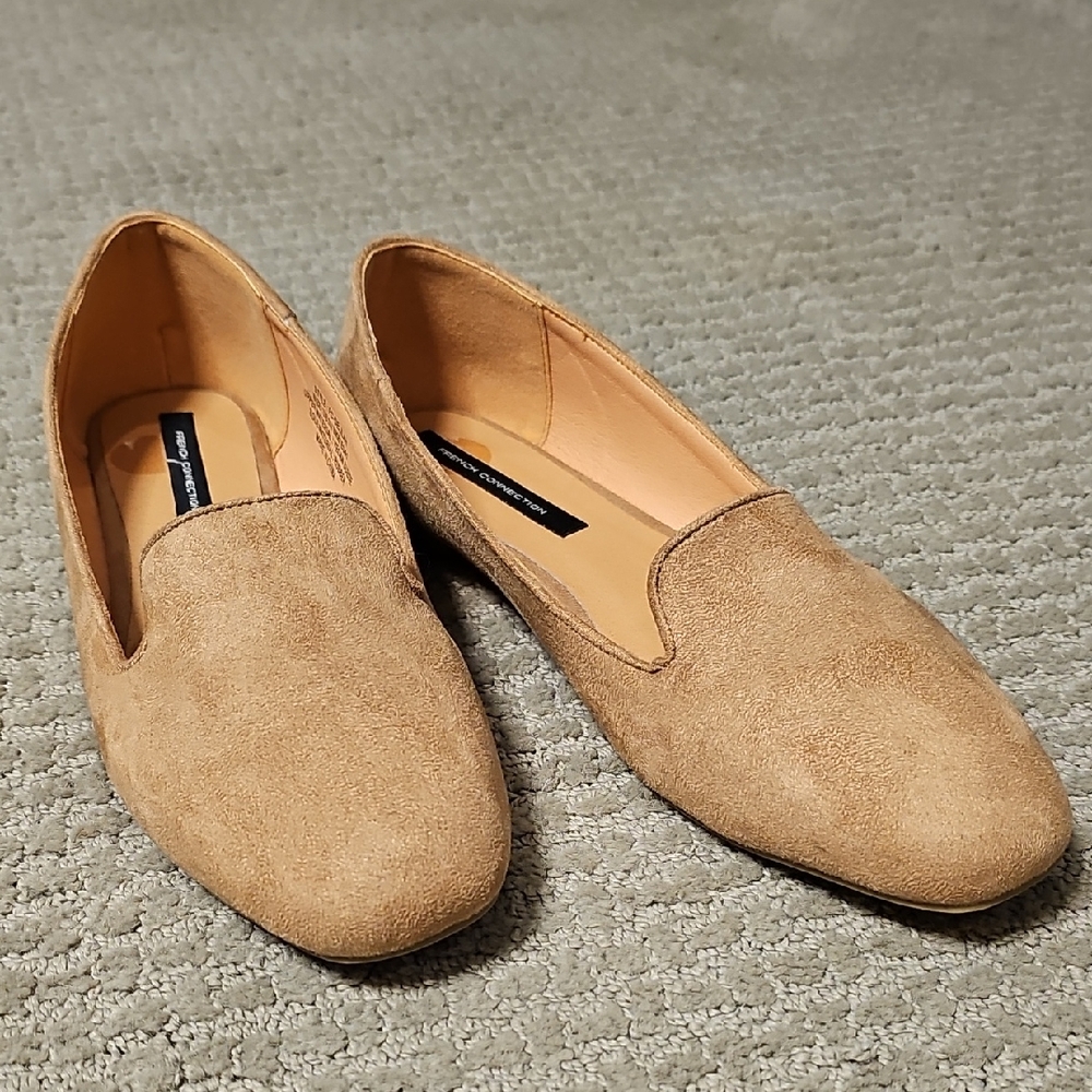 French Connection Women’s Tan Suede Slip-On Loafers - Classic Comfort